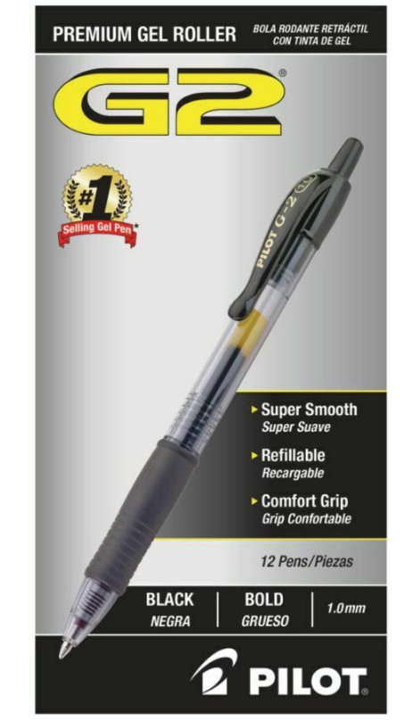 12 Pilot® G-2 g2 Retractable Gel Pens Bold Point 1.0 mm Clear Barrels Black Ink