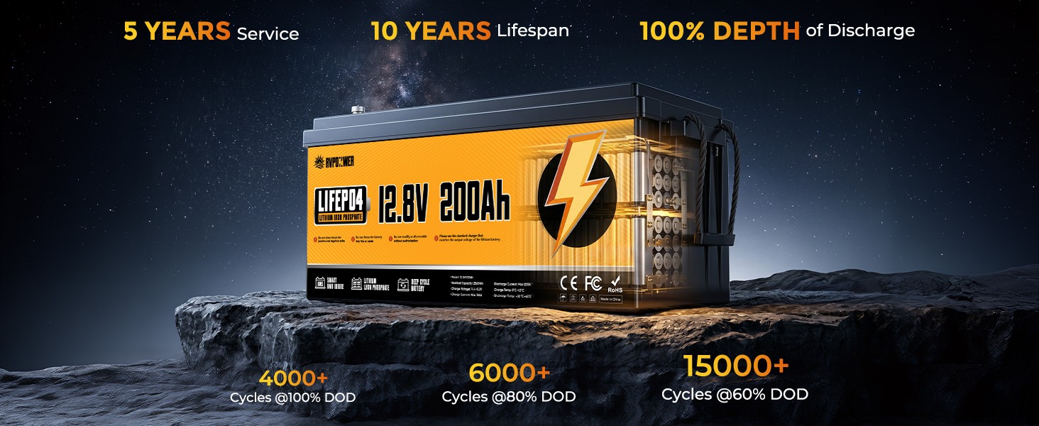12V 200Ah Lithium LiFePO4 Battery 2560Wh Built-in BMS Deep Cycle Marine RV Solar
