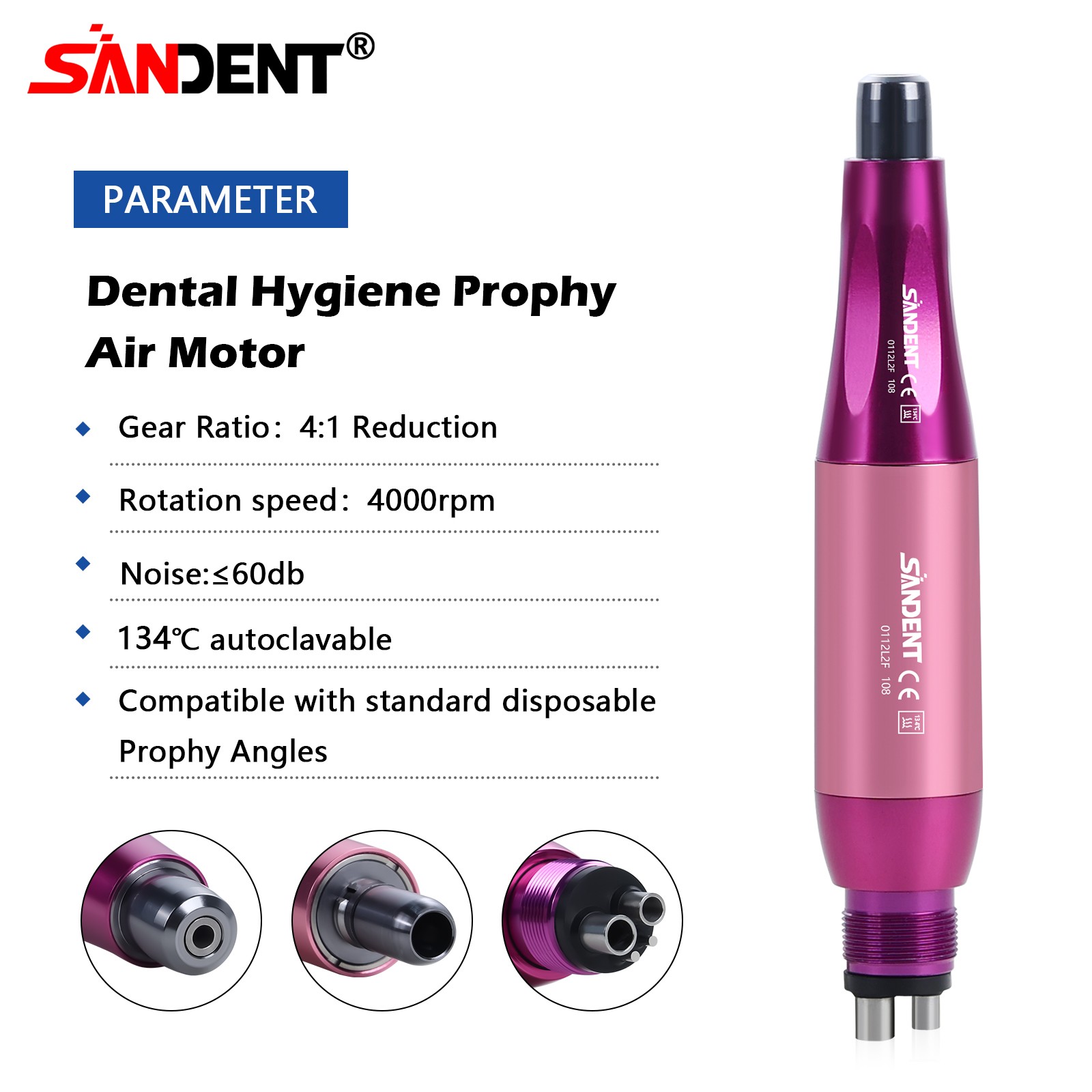 360° Swivel Dental Hygiene Prophy Handpiece Air Motor 4 Holes & 4:1 Nose Cone