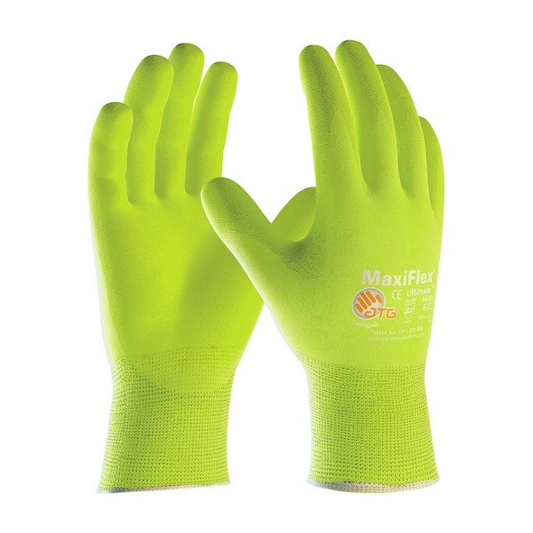 Pip 34-874Fy/M Hi-Vis Coated Gloves, Foam Nitrile, Foam, Palm, 3 Abrasion