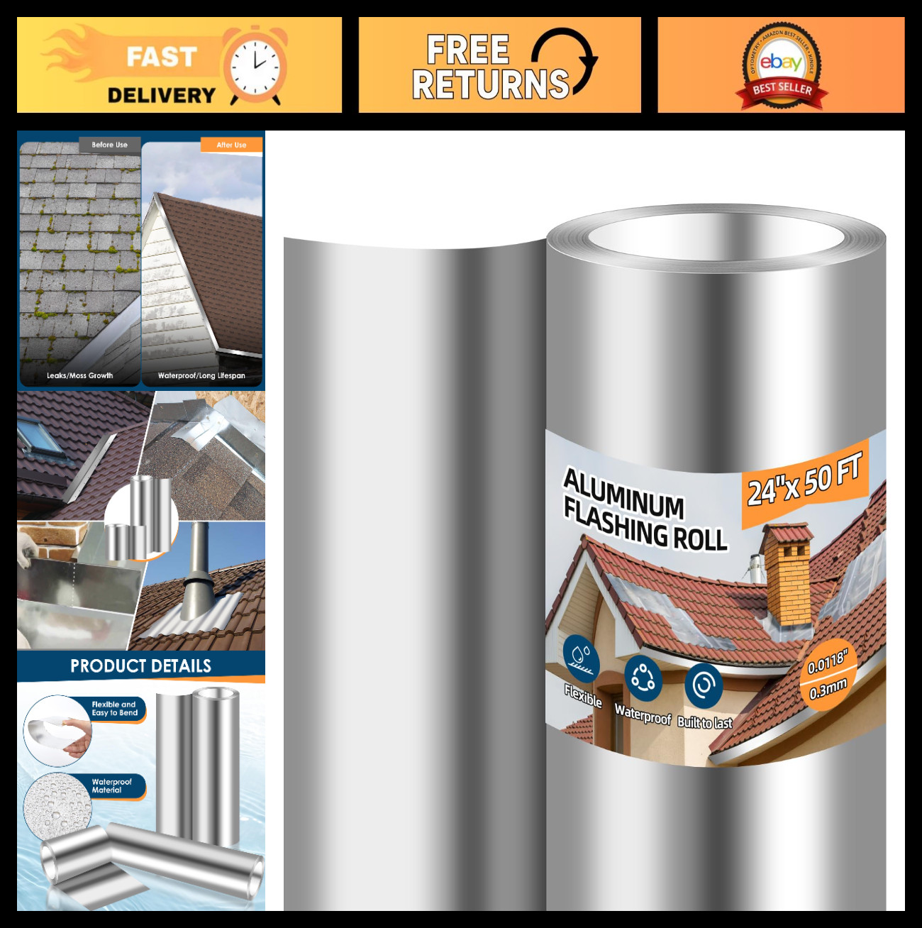 Aluminum Roll Flashing 24″ x 50′ – Metal Roofing Roll for Roof & Garden, 0.019″