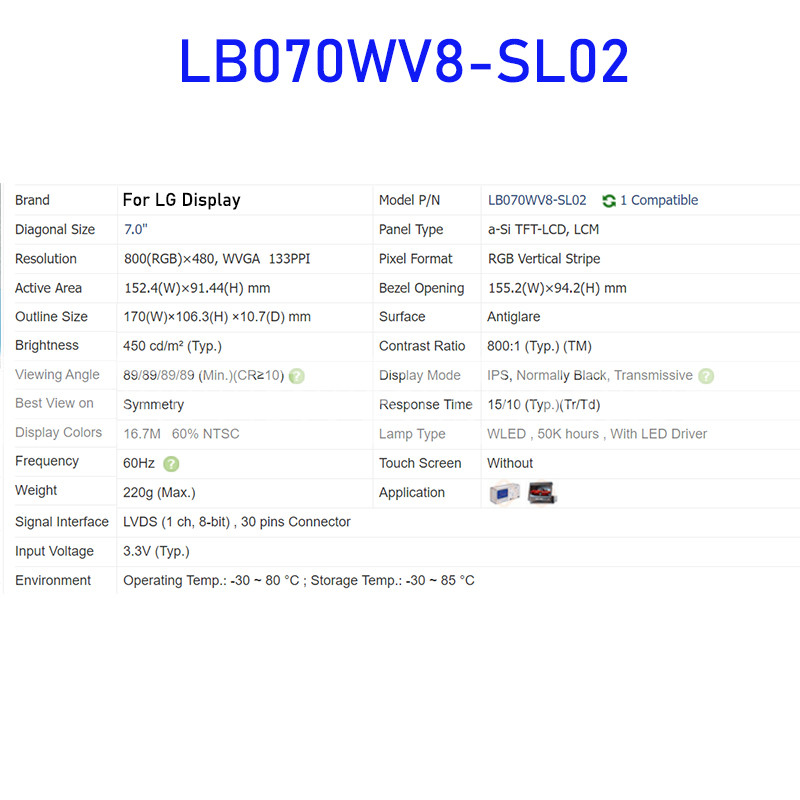 New LB070WV8-SL02 7.0″ LCD Display Screen Panel LB070WV8(SL)(02) For LG