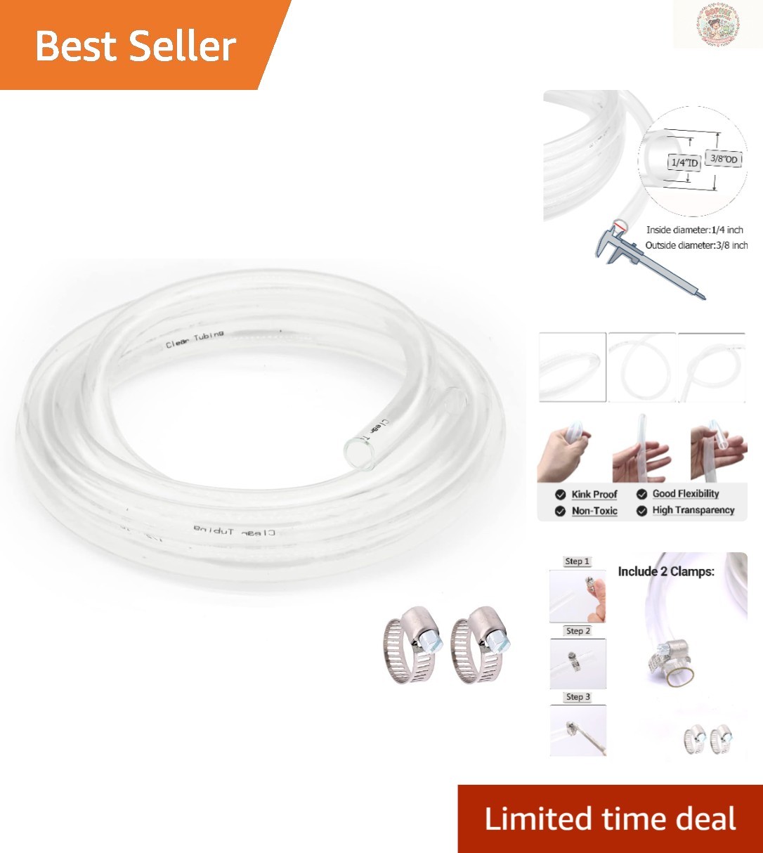 Durable 25 ft PVC Hose with Clamps – 1/4” ID × 3/8” OD for Liquid Transfer