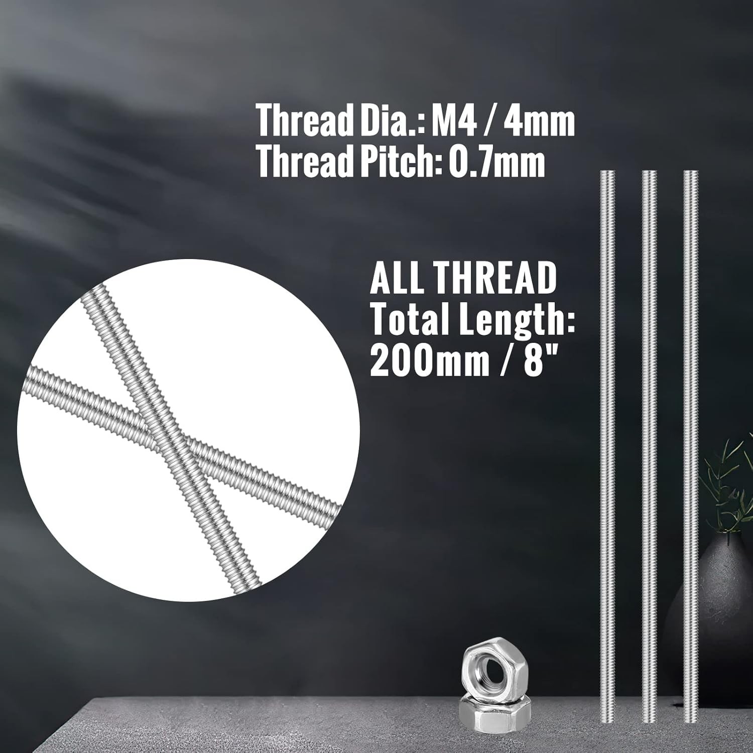 8/32 Inch 4mm Threaded Rod with Hex Nuts 4mm Stainless Steel Threads Studs Rods