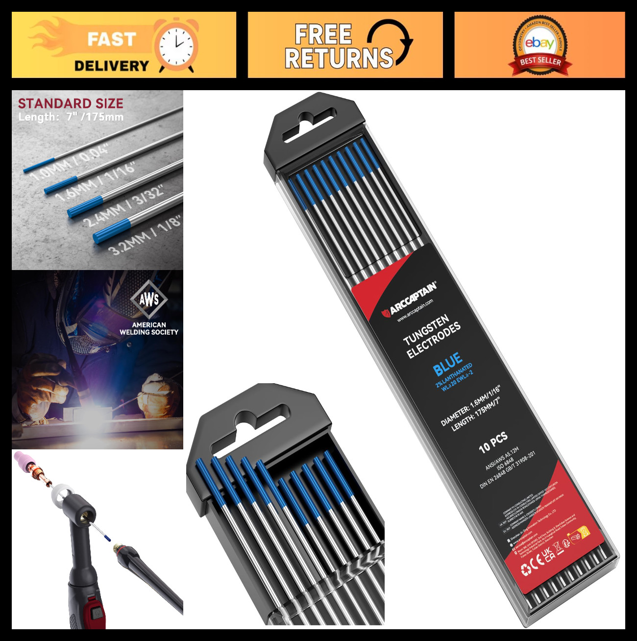 TIG Welding Tungsten Electrode 2% Lanthanated 10-Pack 1/16″ x 7″ WL20 EWLa-2