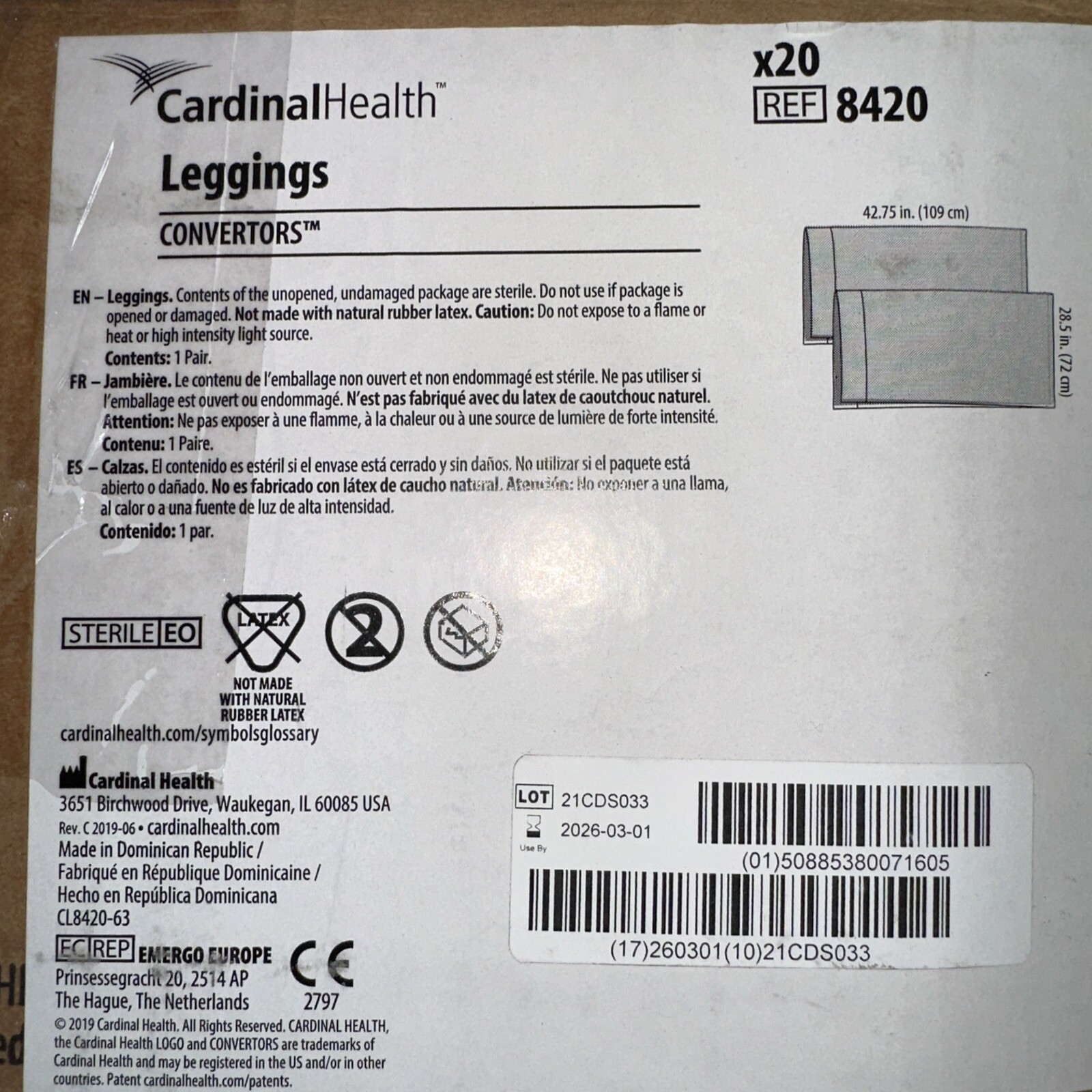 Cardinal Health Leggings #8420 Revision D, 20/Box, Individually Sealed, 2026/03.