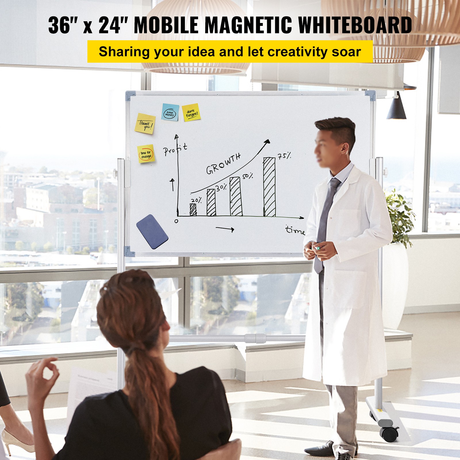 Uimoso Mobile Dry Erase Board Magnetic Whiteboard w/Stand 36″ x 24″ Double Sided
