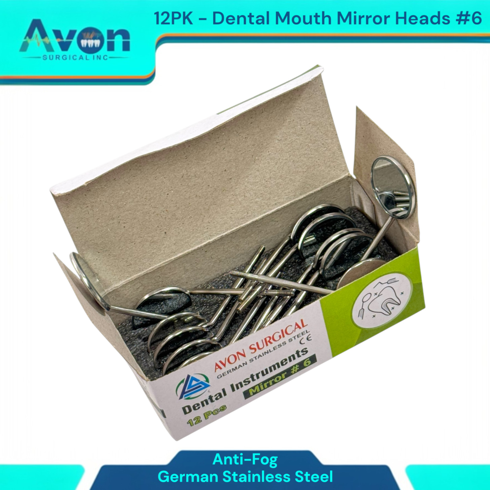 #6 Mouth Mirror Heads for Oral Examinations, Cone Socket, Anti-Fog – Pack of 12