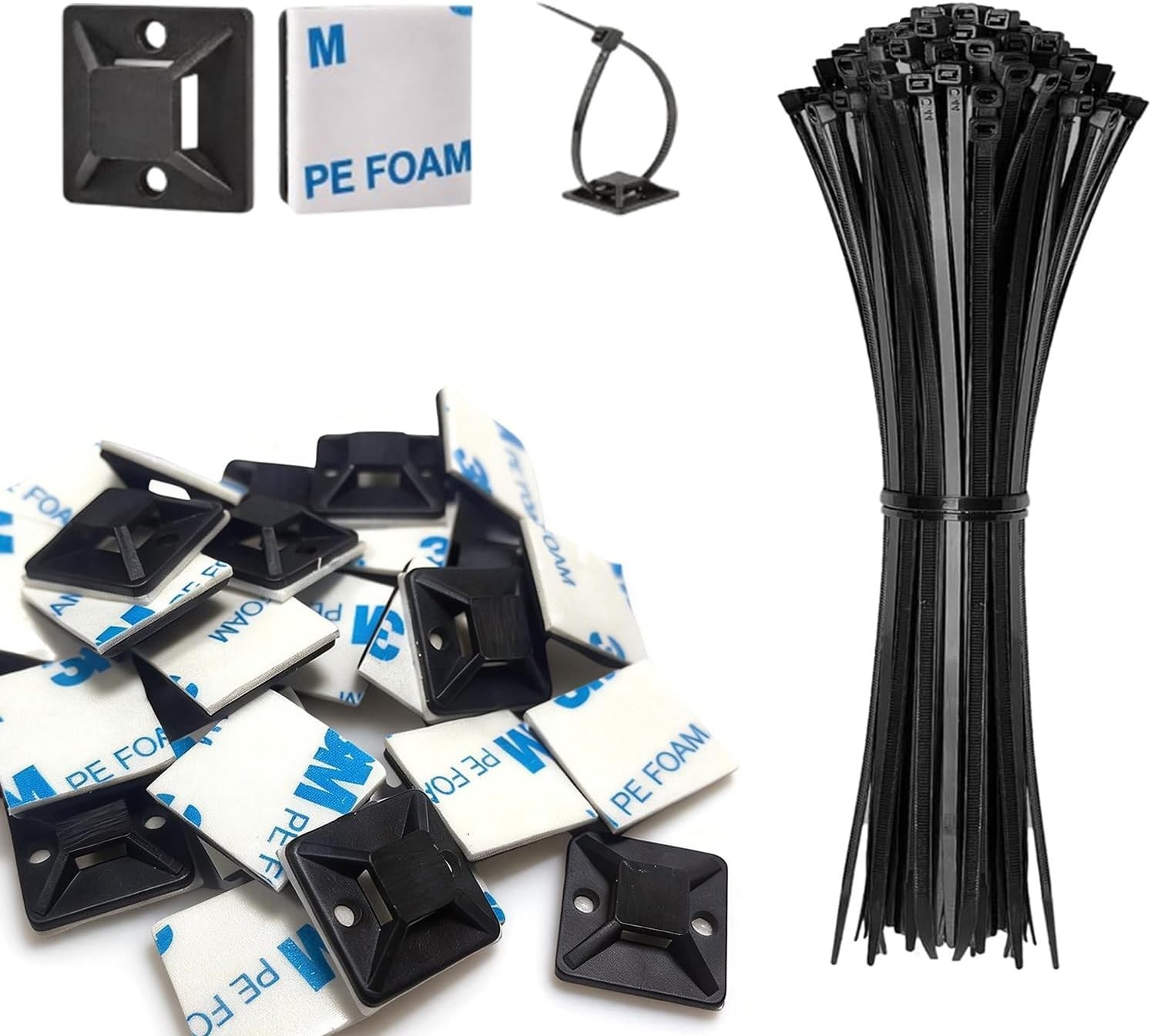 50 Set Cable Zip Tie Self Adhesive Mounts Kit with 6″ Zip Ties,3/4″ Wire Holders