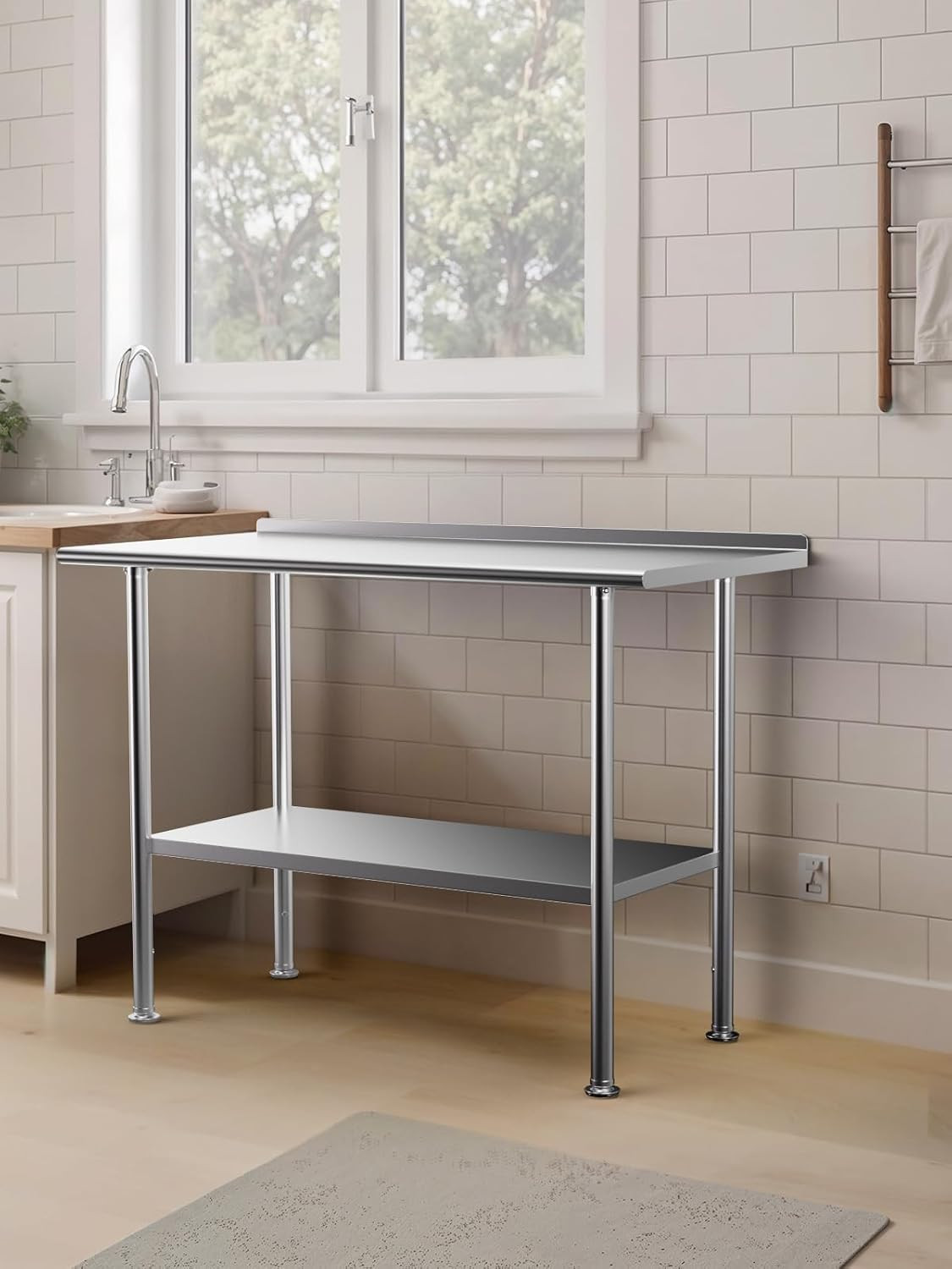 All-Stainless Steel Prep Table, 30 X 48 Inch, with Rounded-Corner Backsplash and