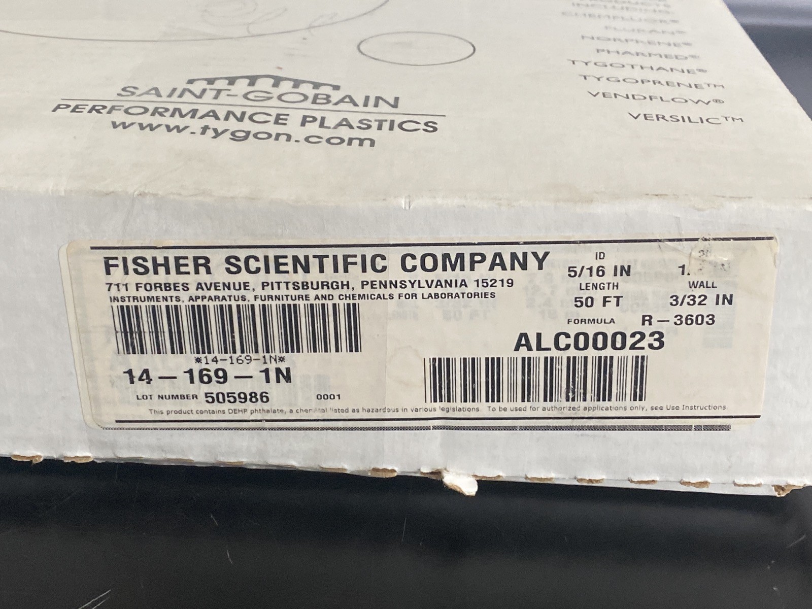 TYGON Formula R-3603 Laboratory Pump Tubing 5/16″ID 1/2″OD 50′ L