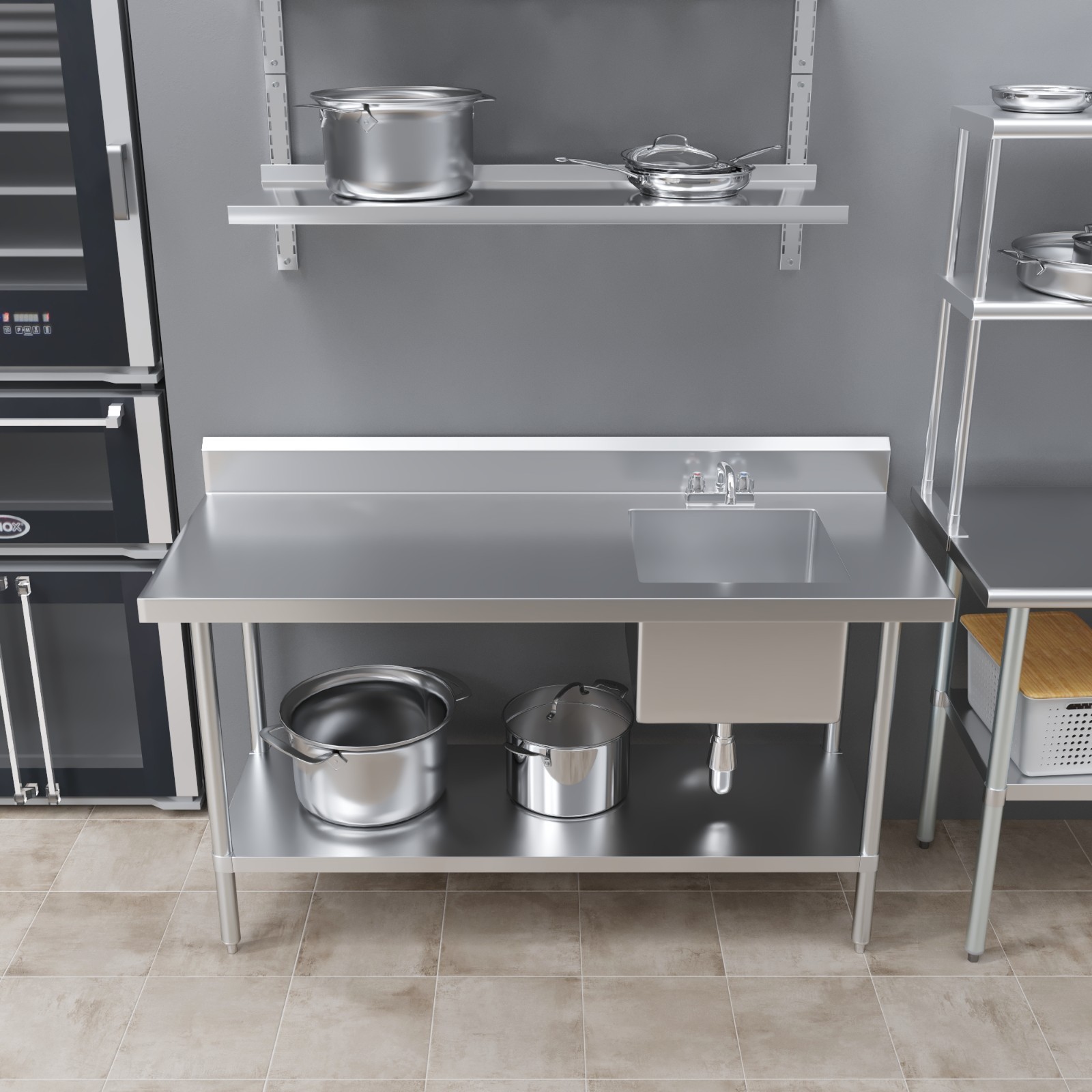60 in. x 24 in. Stainless Steel Work Table with Built-in Right Prep Sink