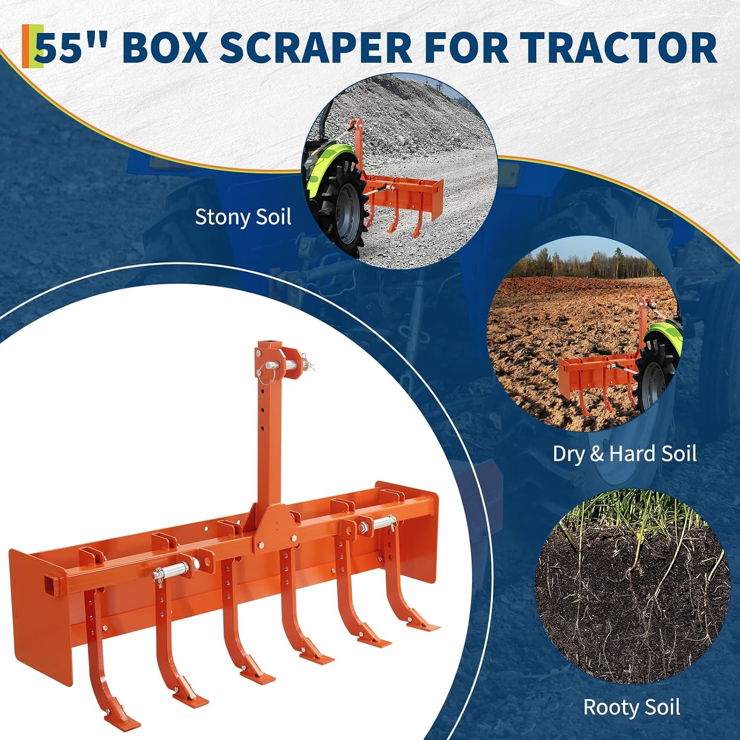 55 Inch Tractor Box Blade Scraper Heavy Duty CAT 0 Land Leveler 6 Ripper Teeth