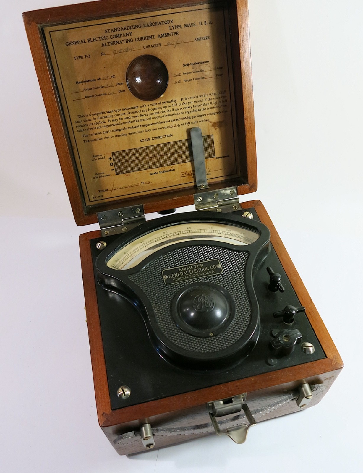 Vintage 1929 GE Alternating Current Ammeter — Type P-3 — Refinished Mahogany Box