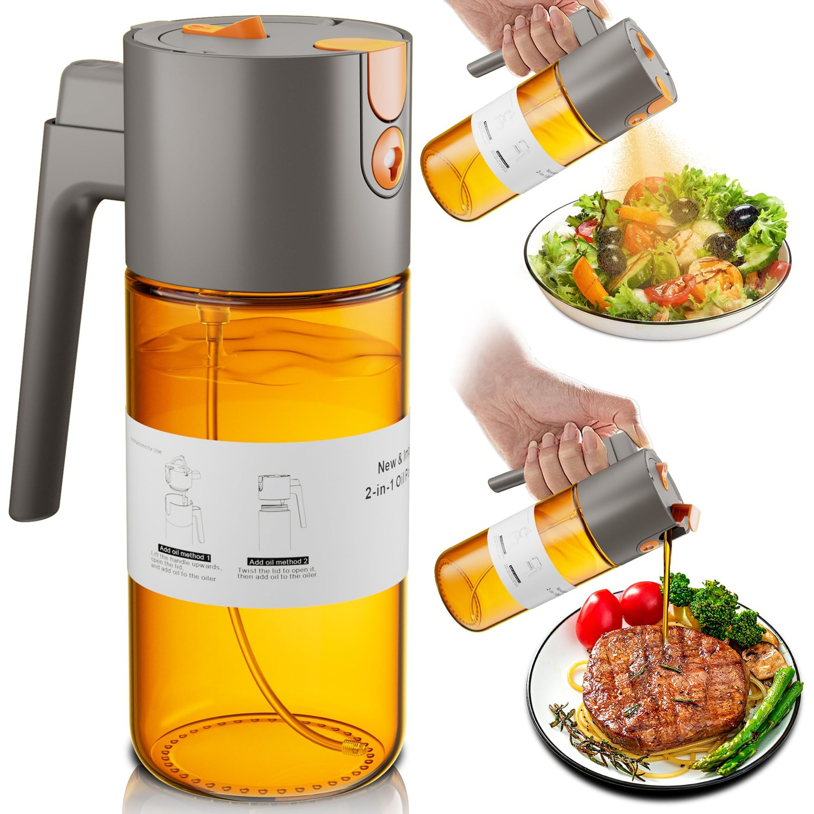 LAKUMIQI Upgrade 2 in 1 Oil Sprayer for Cooking, Olive Oil Dispenser Bottle for
