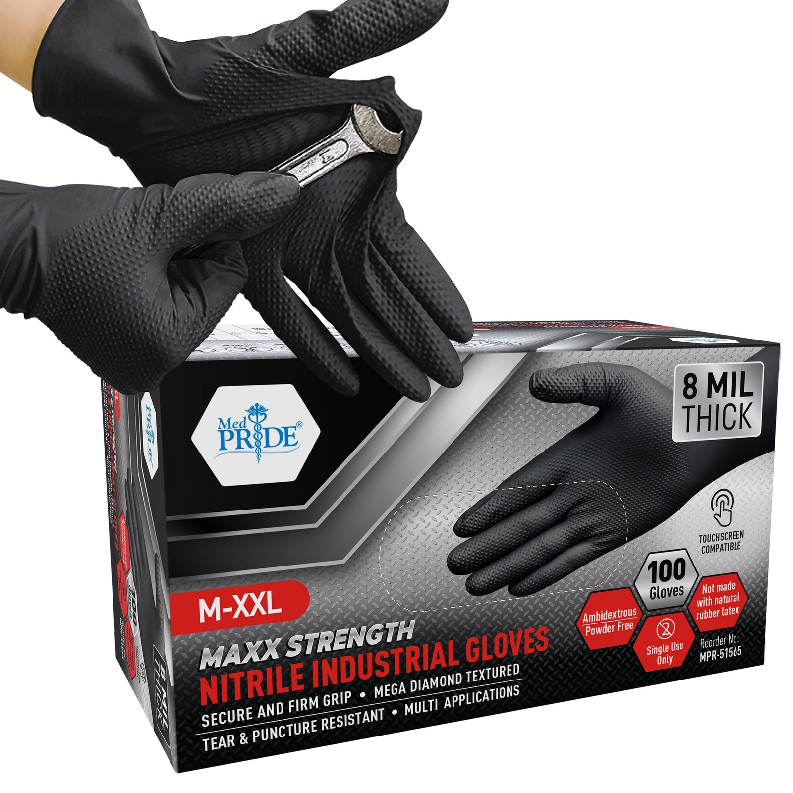 MED PRIDE Maxx Strength Nitrile Industrial Black, 8 Mil Thick – Diamond Textu…