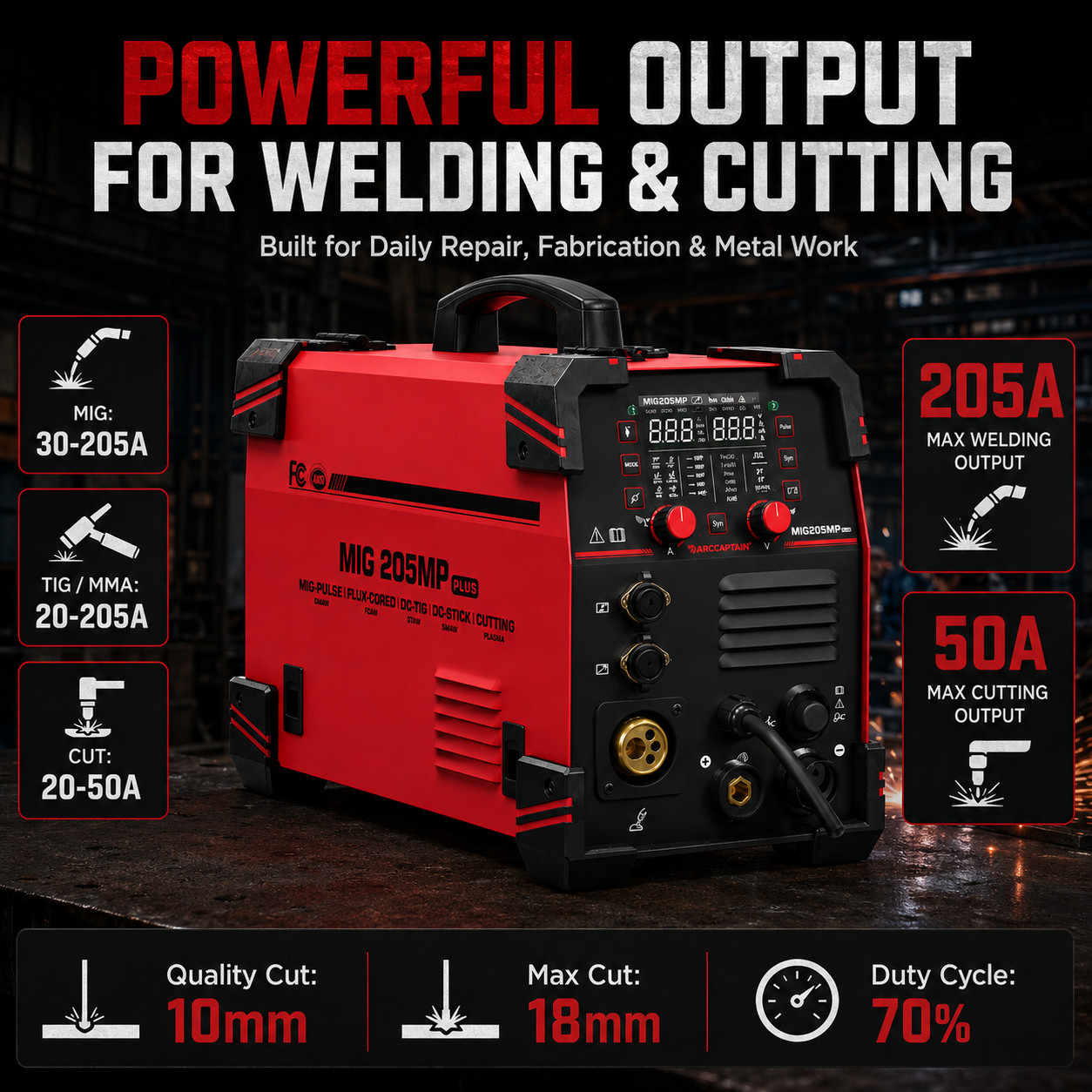 ARCCAPTAIN MIG205MP PLUS MIG Welder 9 IN 1 iControl MIG/Cut/TIG/Stick/Clean/Spot