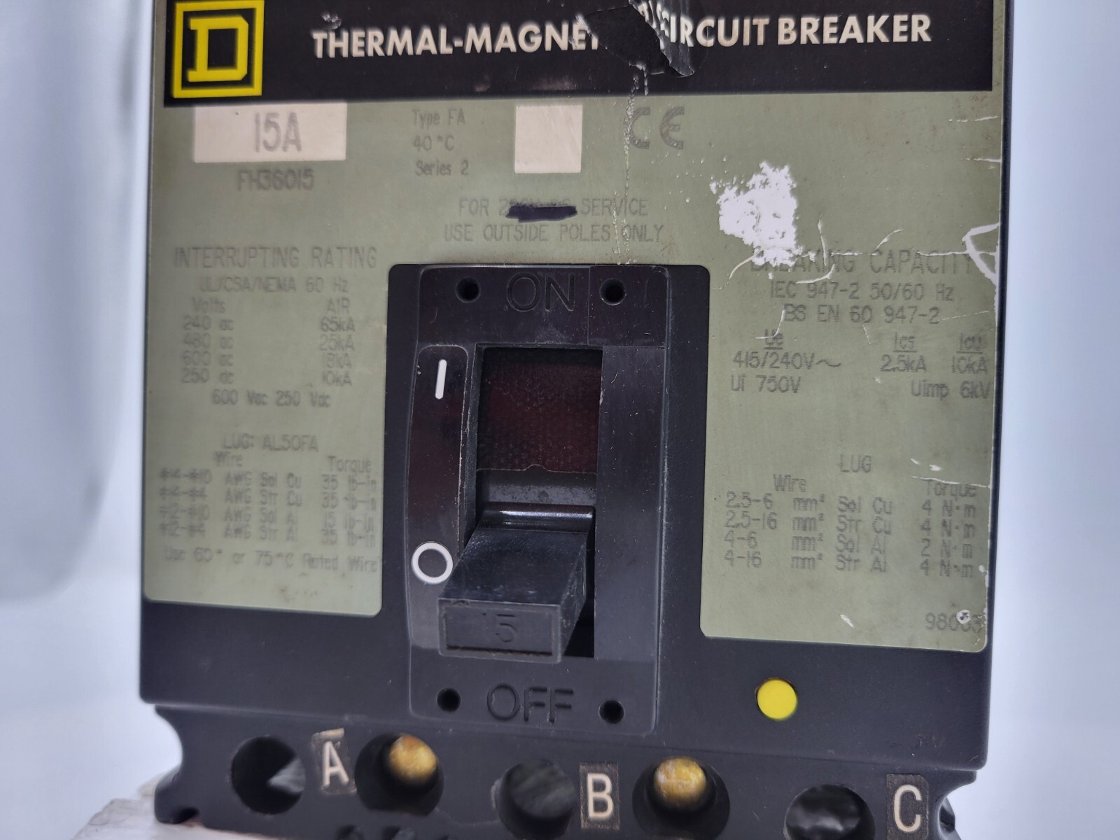 Square D FH36015 I-Line Circuit Breaker 15A 600V 3P 3PH Type FA FH 15 Amp 3 Pole