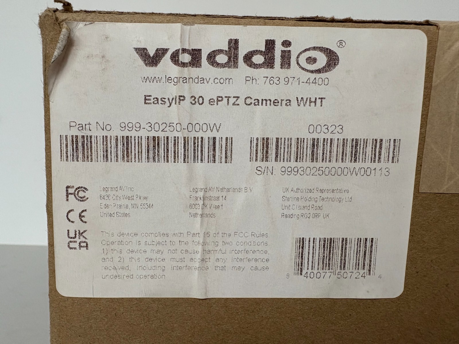 Vaddio Easy IP30 ePTZ Camera (P/N: 999-30250-000W)