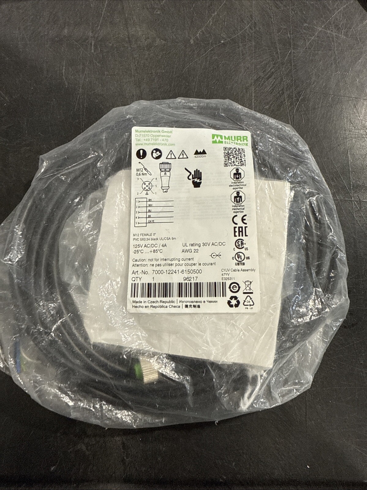 Murr Elektronik M12 Female A-Cod w Cable Black 7000-12241-6150500 5m *NEW*