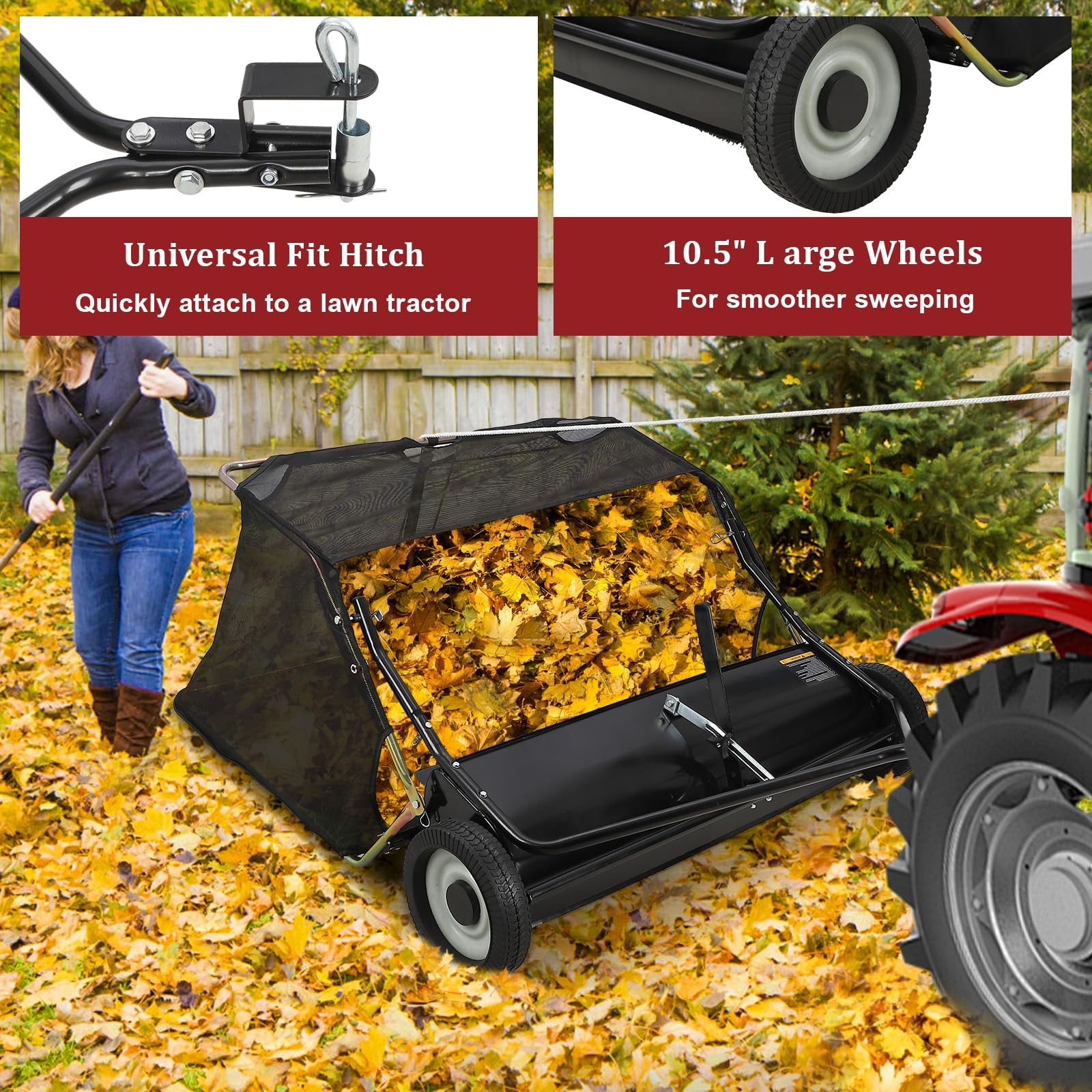Tow Behind Lawn Sweeper 42 Inch Large Capacity Heavy Duty Leaf & Grass Collector