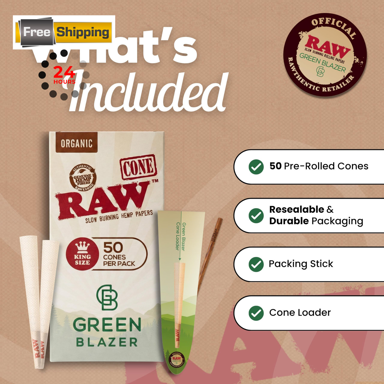 RAW Cones Organic King Size: 50 Pack – Pre Rolled 50 Count (Pack of 1), Brown