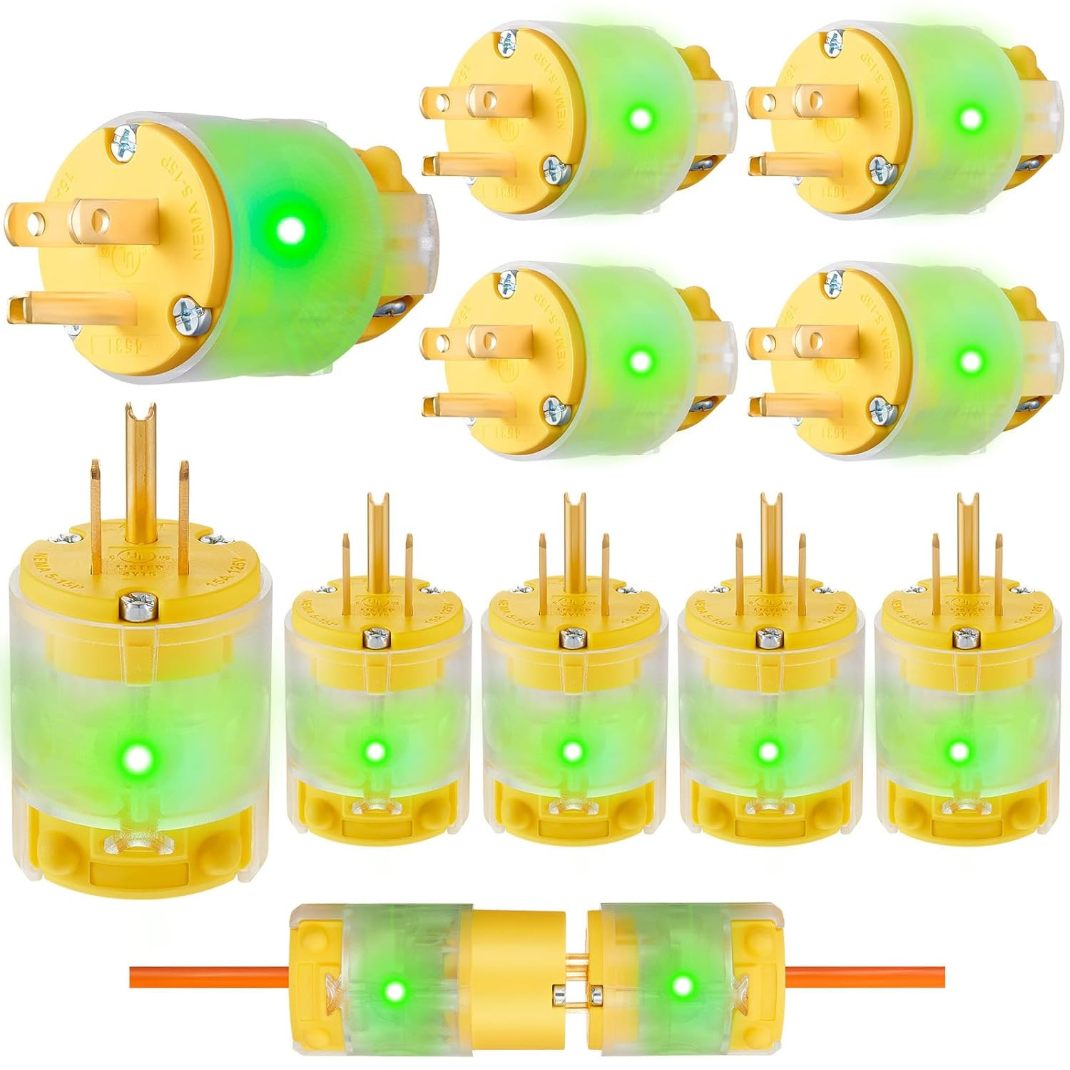 10 Pcs Lighted Grounding Straight Blade Electrical Plugs Connectors 15A 125V Nem