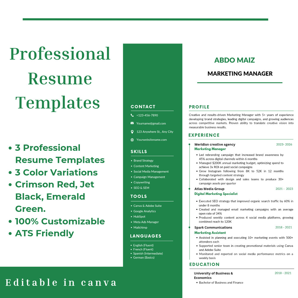 Marketing Creative Resume CV Template | Canva Editable | 3 Colors | ATS friendly