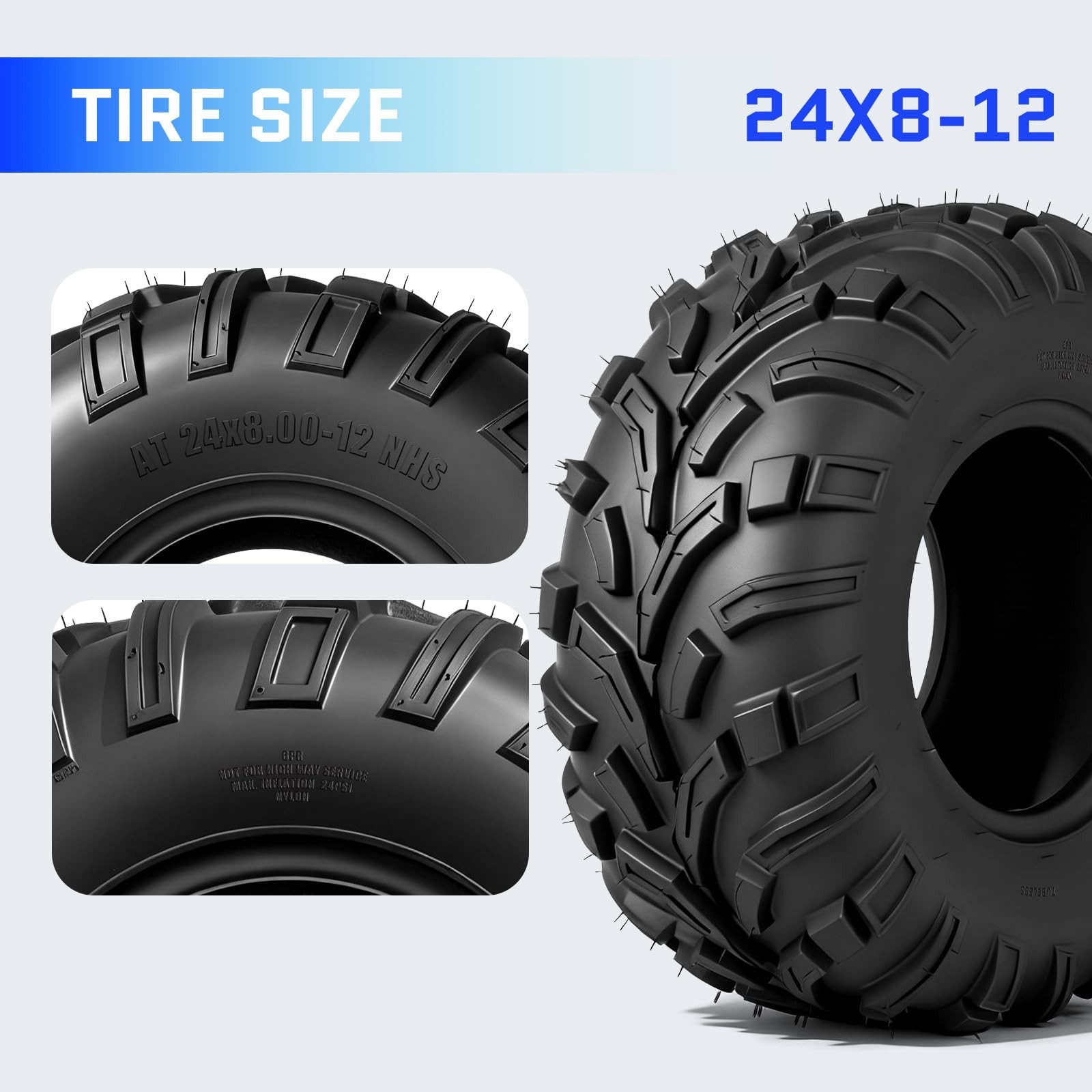 24×8-12 ATV UTV Tires 6 PR All-Terrain for Sand Mud Trail Tubeless Pack of 2
