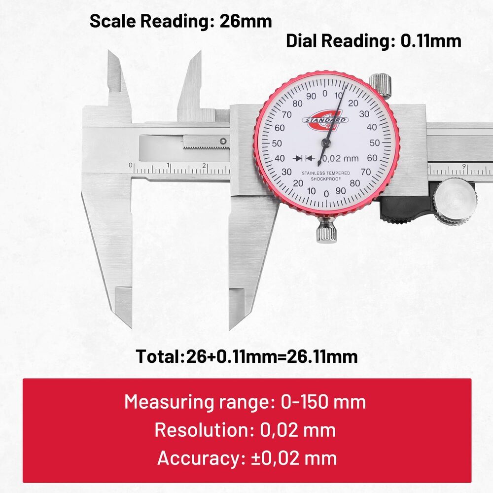 6″/150mm ±0.02mm Metric Dial Caliper Measuring Tool Analog Precision Caliper USA