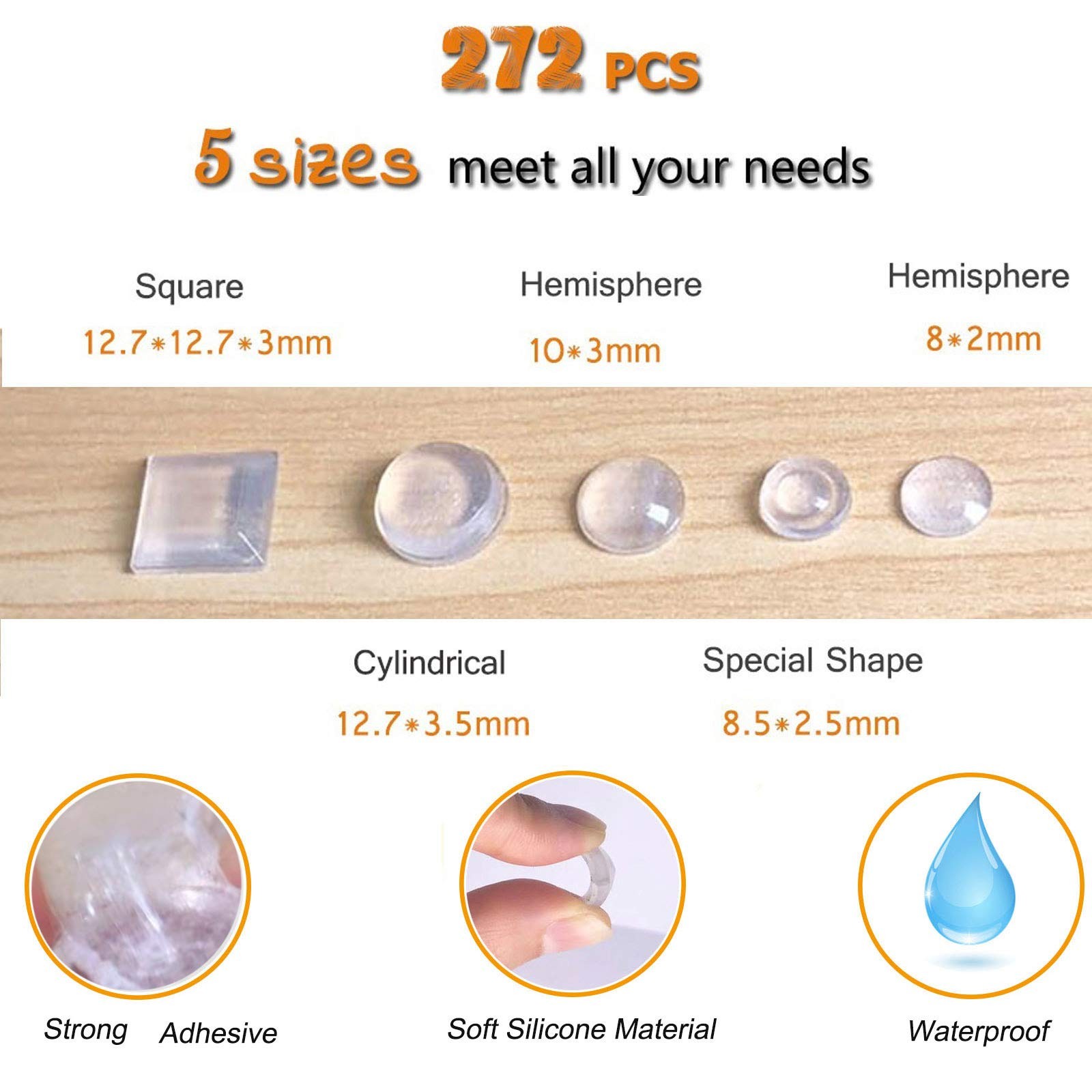 Cabinet Door Bumpers Clear Self Adhesive Noise 272PCS – 5 sizes pack,