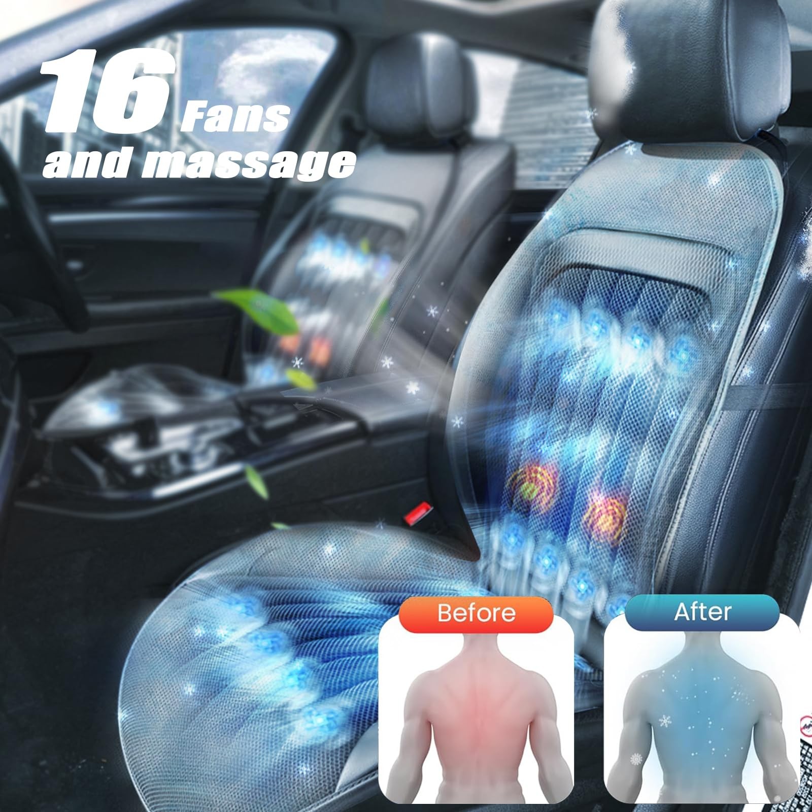 Black Summer Front Seat Cover Cooling Massage Temperature Control 3 in 1
