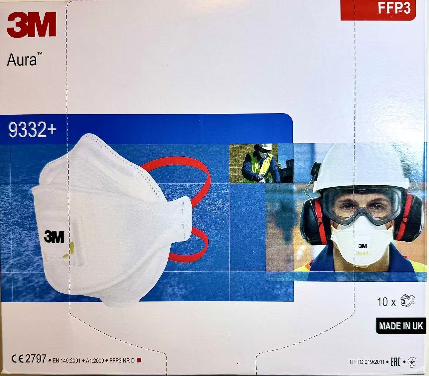 10x3M 9332+ Aura FFP3 Respirator Dust Cover Mask with Valve EXP 07/2025