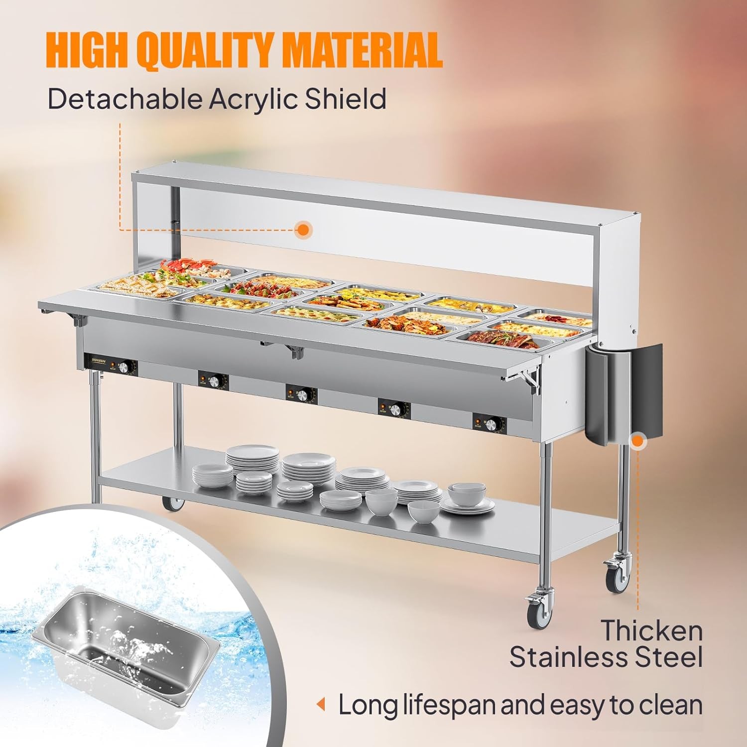 ROVSUN 120QT Electric Commercial Food Warmer 2500W, 15-Pan Steam Table 8QT/Pan