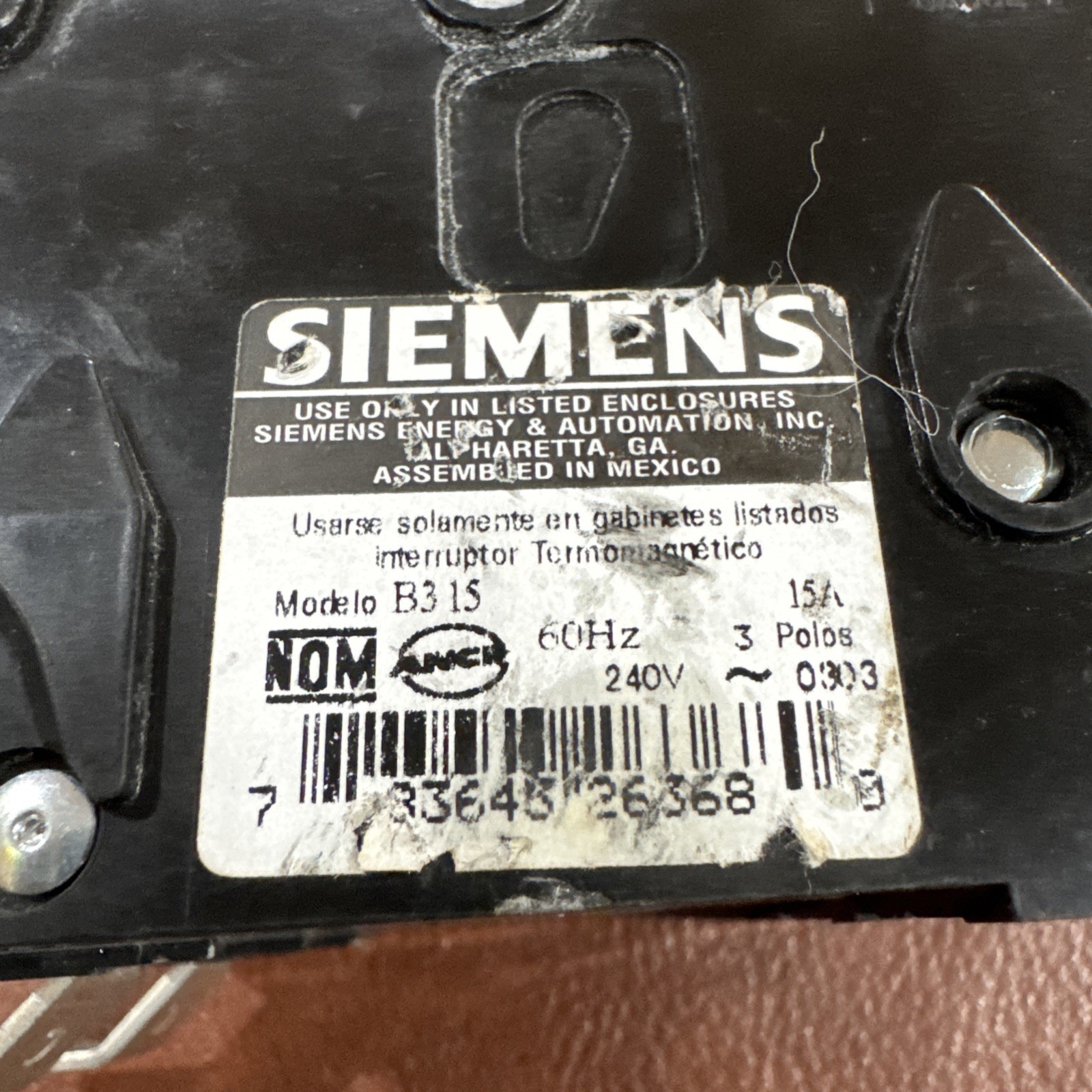 Siemens B315 3 Pole 15A 240V Bolt-on Circuit Breaker 15 Amp 3P