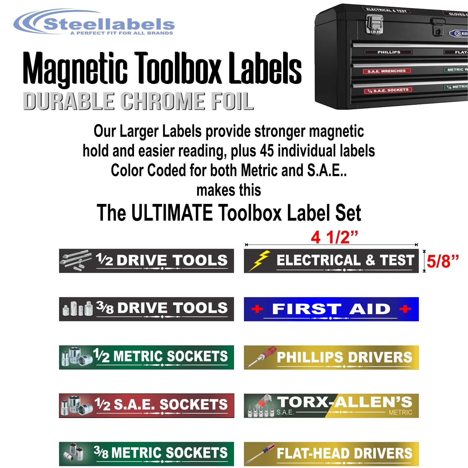 Ultimate Magnetic TOOLBOX LABELS fits all steel boxes tool chest & cabinets
