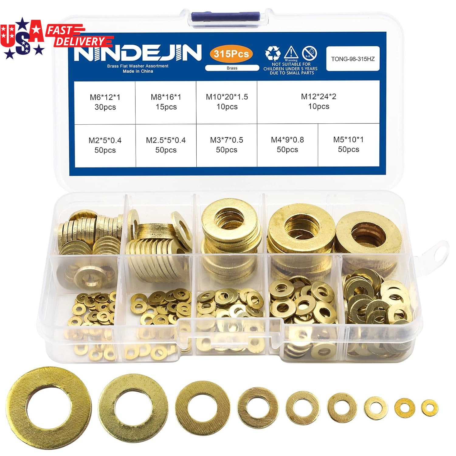 315 Pieces Brass Washer Assortment Kit Metric Flat Washers 9 Sizes Assorted Set