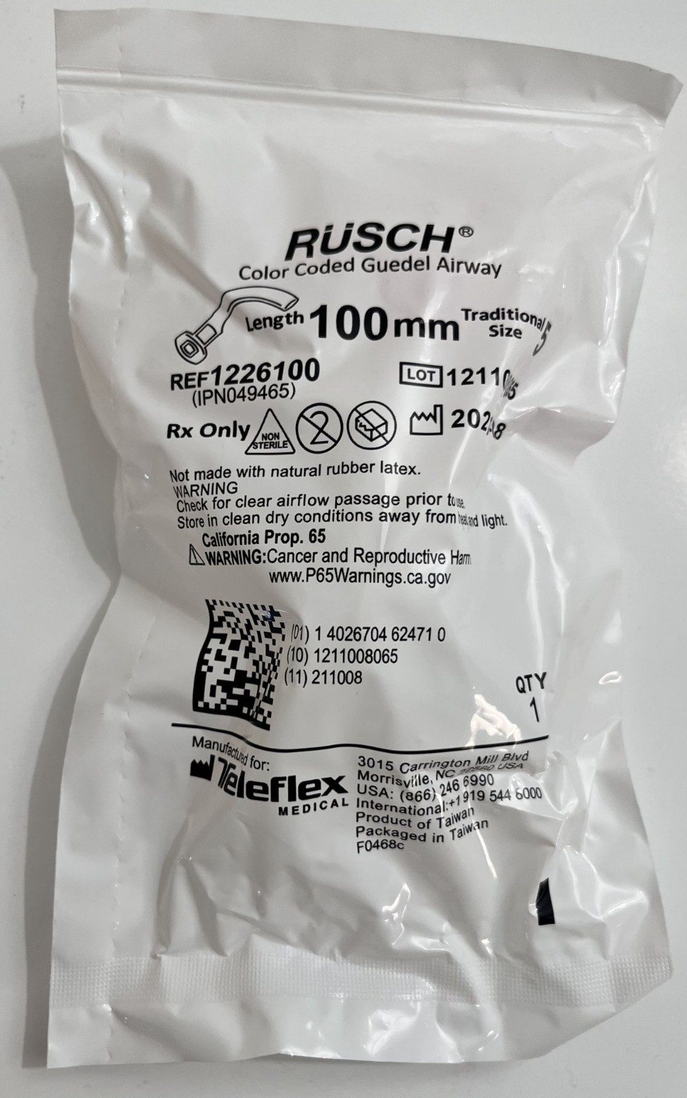 Teleflex Rusch Color Coded Guedal Airway 1226100 Size 5 100mm (Box of 50)