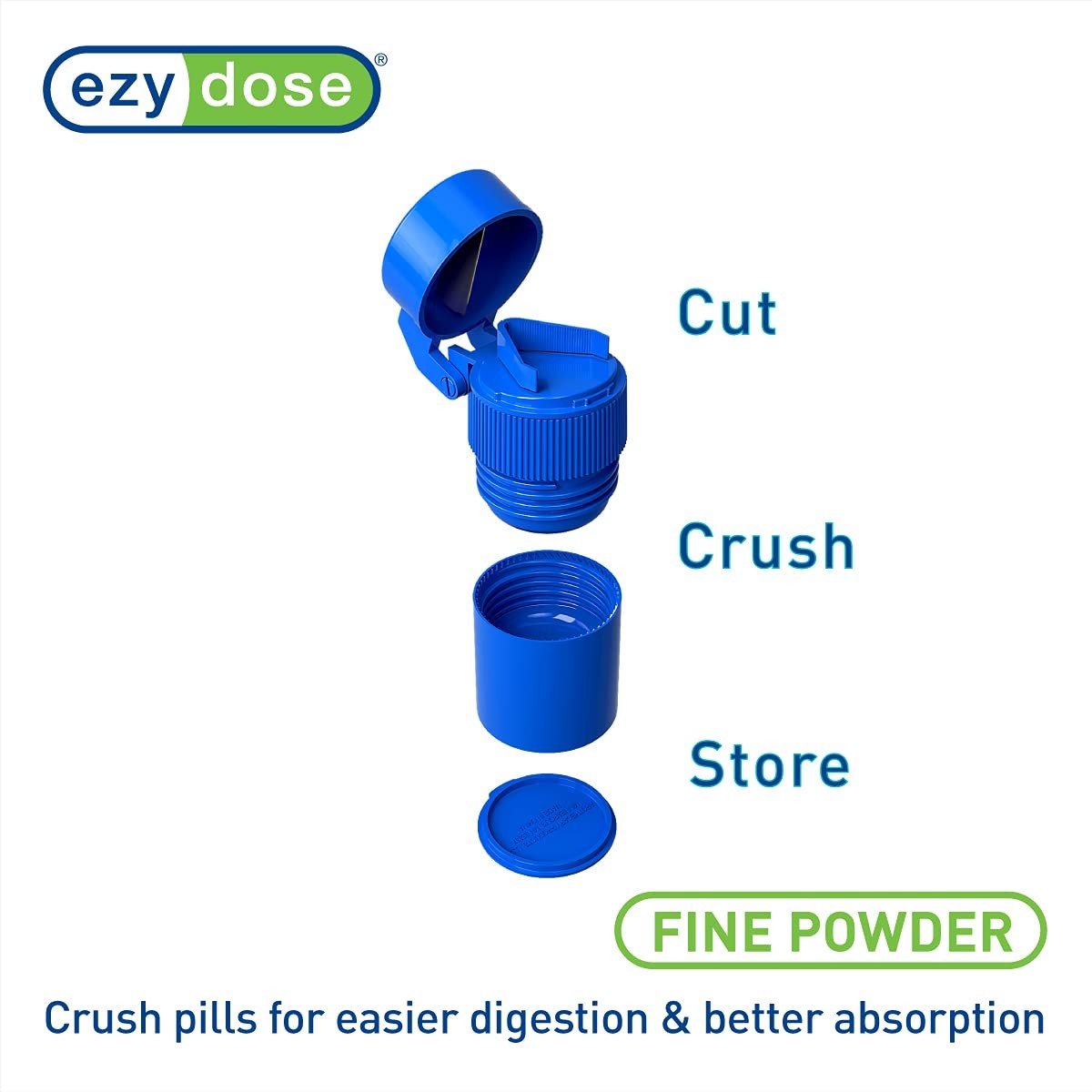 EZY DOSE 3 Compartment Pill Crusher, Cutter and 1 Count (Pack of 1), Blue