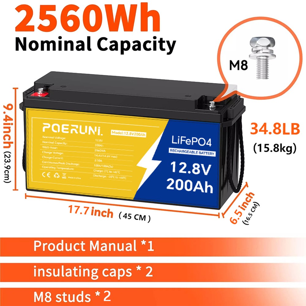 NEW 12V 200AH LiFePO4 Lithium Battery 2560W Deep Cycle BMS for Solar RV Off-grid