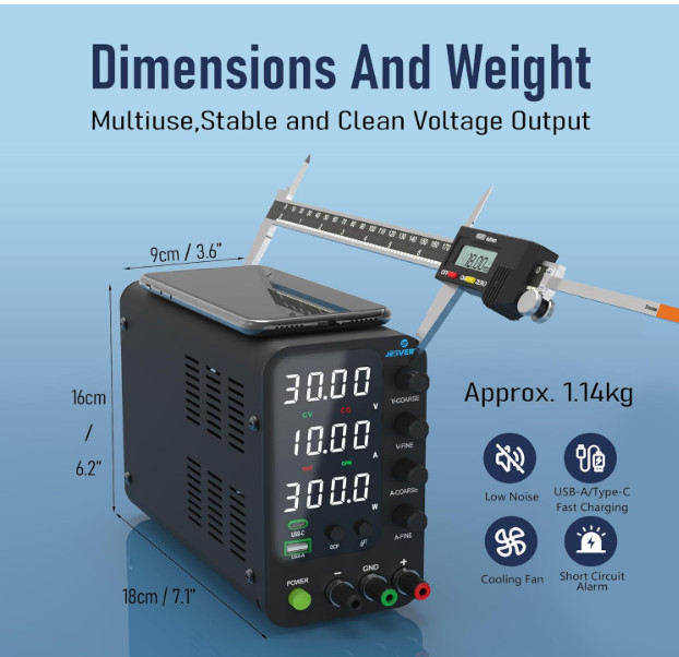 Fuente de alimentación DC 0-32V 10A con ajuste fino, USB y pantalla LED de 4 díg