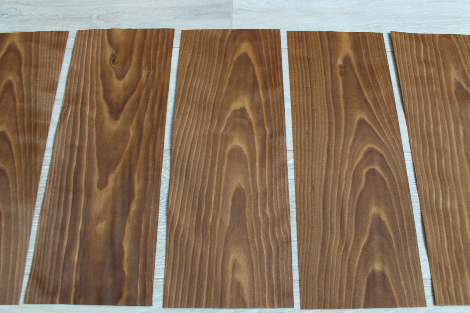 Beech Fumé wood veneer, 5 sheets, ~ 18.1 x 6.88″ (46 x 17.5cm), 0.55mm (~1/45″)