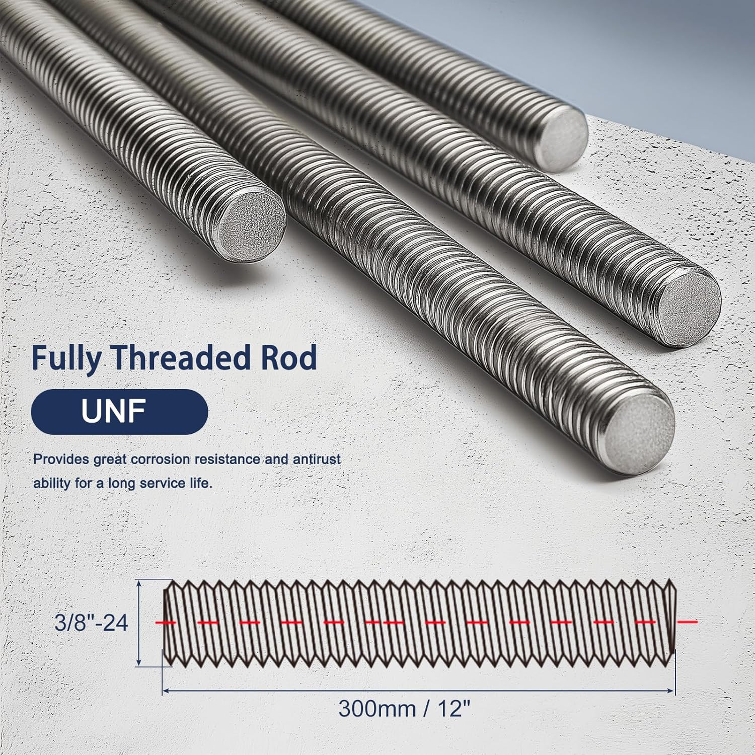 3/8″-24 Fully All Threaded Rod & Studs, 12″ Length, 304 Stainless Steel Right Ha
