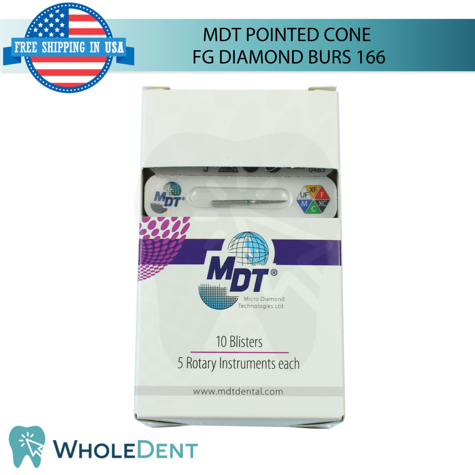 Dental MDT Pointed Cone 166 FG Diamond Burs Elongated L24.0mm Precise Finishing