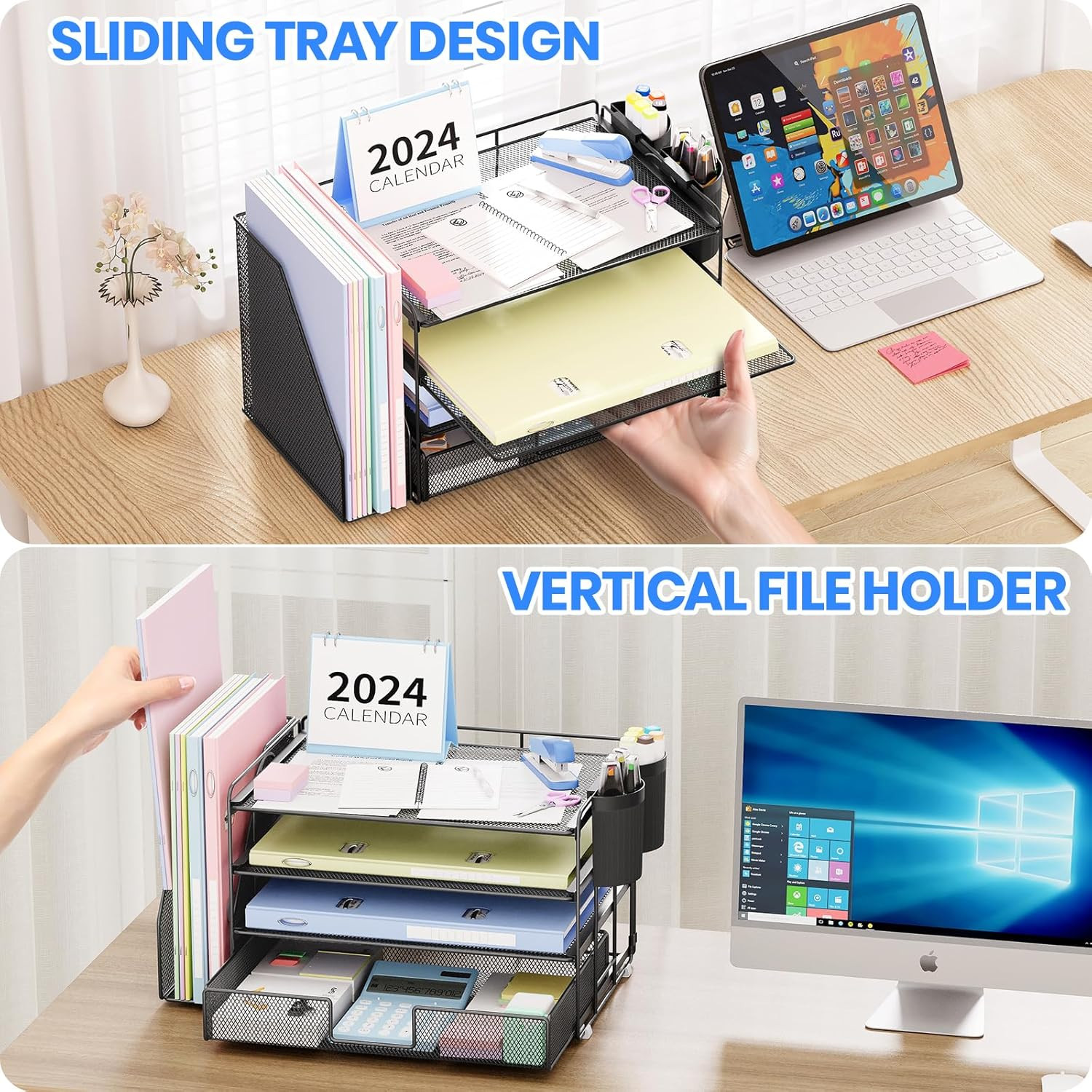 Desk Organizer, 4-Tier Desktop File Organizer with Drawer and Pen Holders, Offic