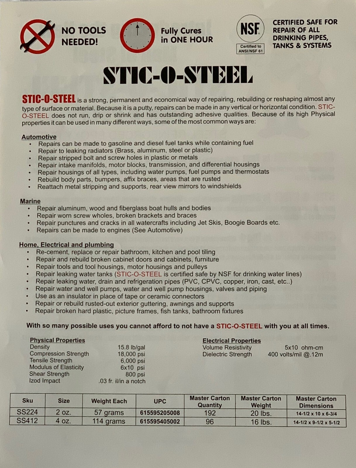 STIC-O-STEEL Pow-R Putty Steel Reinforced Epoxy Putty – 2 oz. (SS2)