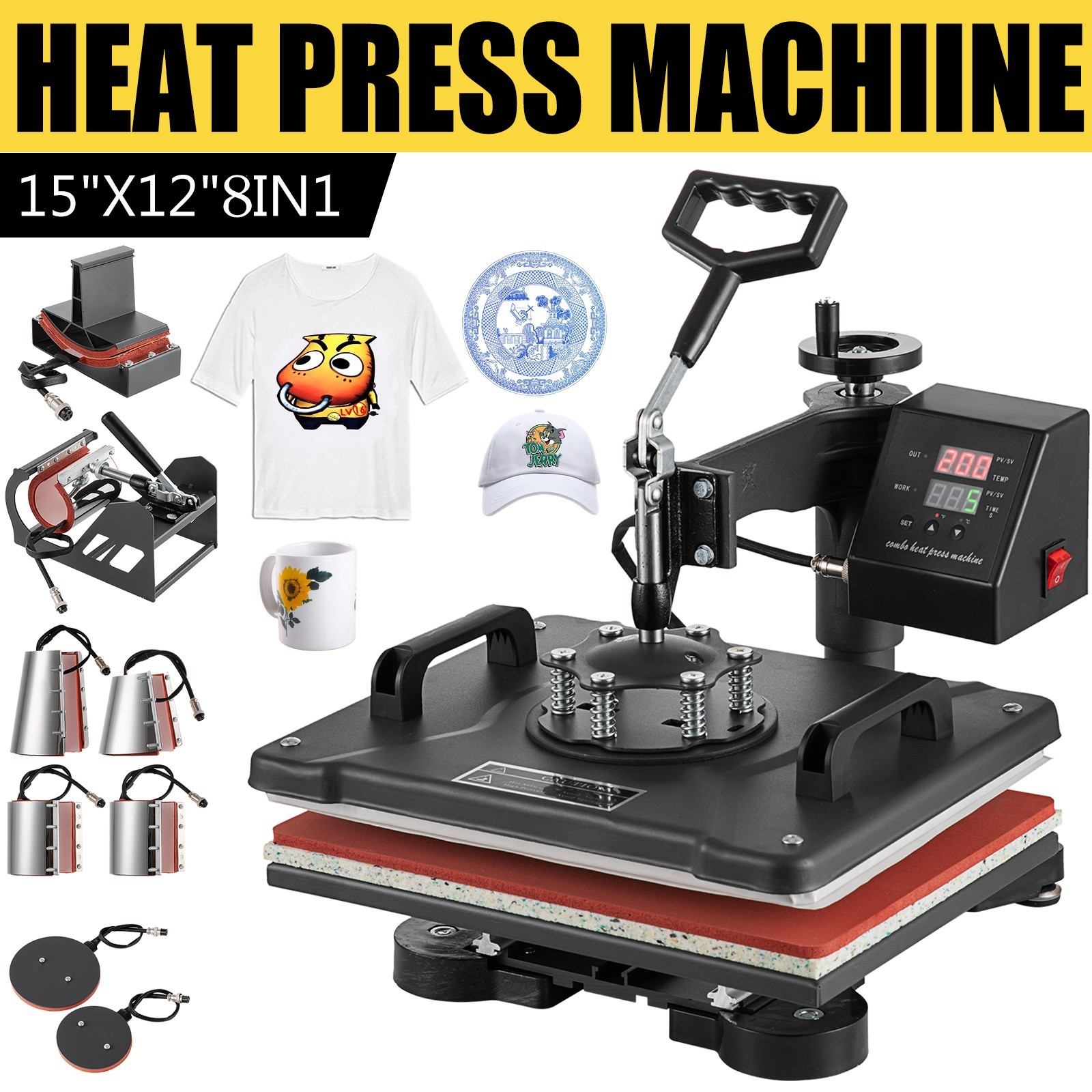 8 in 1 Heat Press Machine Swing Away Digital Sublimation T-Shirt/Mug/Plate Hat