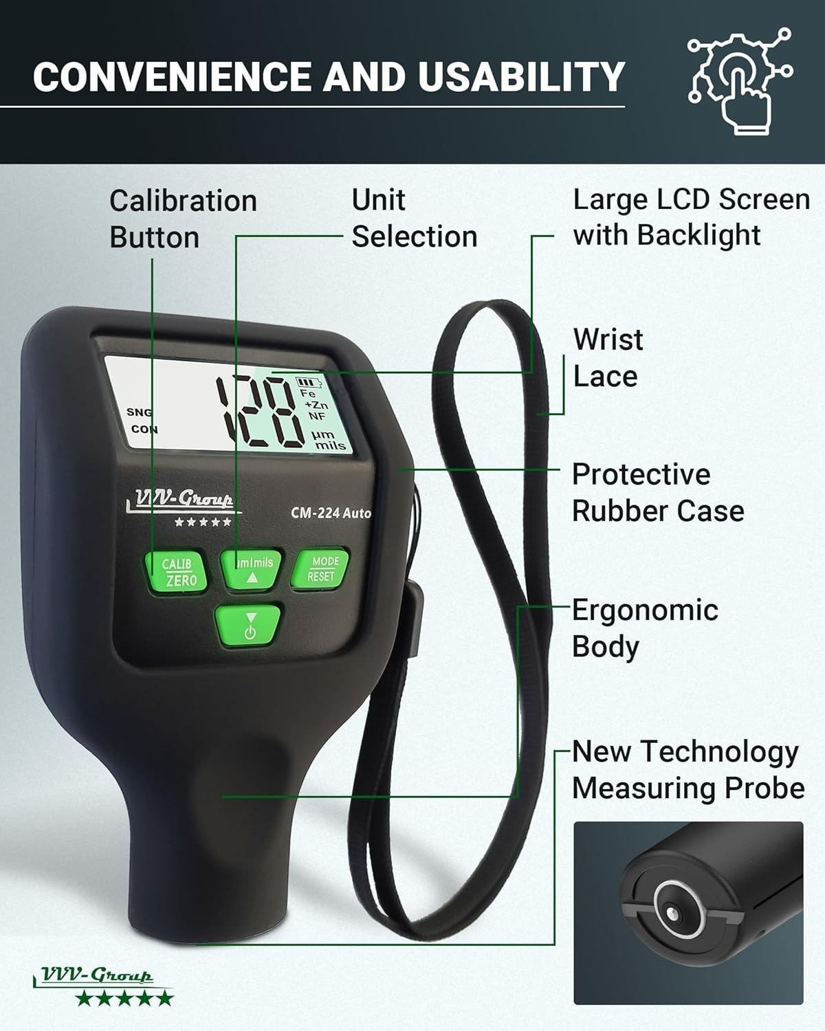 Digital Paint Thickness Gauge for Automotive Inspection with Backlit LCD Display