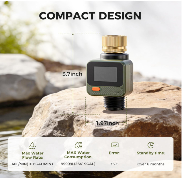 Medidor de Flujo Agua IP54 con Pantalla 180° para Jardín y RV. Nuevo