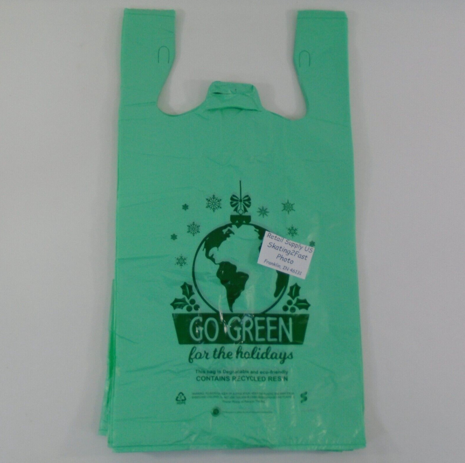 100 Qty. Go Green Holiday Degradable Plastic T-Shirt Bags Handles 11″x6″x21″